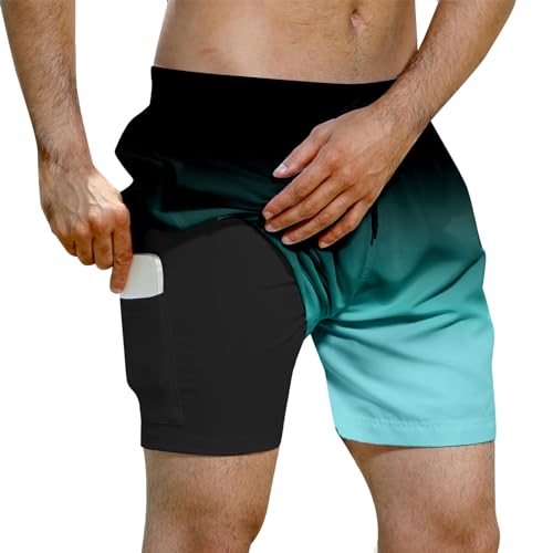 Evensu Badehose Herren mit Kompression Badeshorts 2 in 1 Schnelltrocknend Schwimmhose 7" Boardshorts mit Innenhose Schwarz Grün Shorts XXL von Evensu