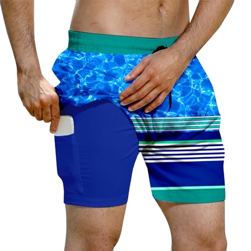 Evensu Badehose Herren mit Kompression Badeshorts 2 in 1 Schnelltrocknend Schwimmhose 7" Boardshorts mit Innenhose Wasserblau Drucken Shorts L von Evensu