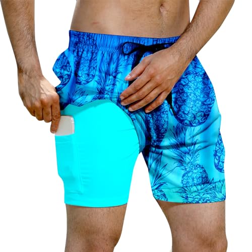 Evensu Badehose für Herren mit Kompression Liner 2 in 1 Atmungsaktiv Badeshorts Männer Blaue Ananas Drucken Boardshorts mit Tunnelzug M von Evensu