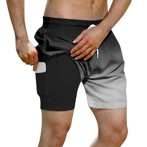 Evensu Herren Badehose mit Kompression Badeshorts 2 in 1 Schnelltrocknend Schwimmhose 7" Boardshorts mit Innenhose Schwarz Grau Strandshorts L von Evensu