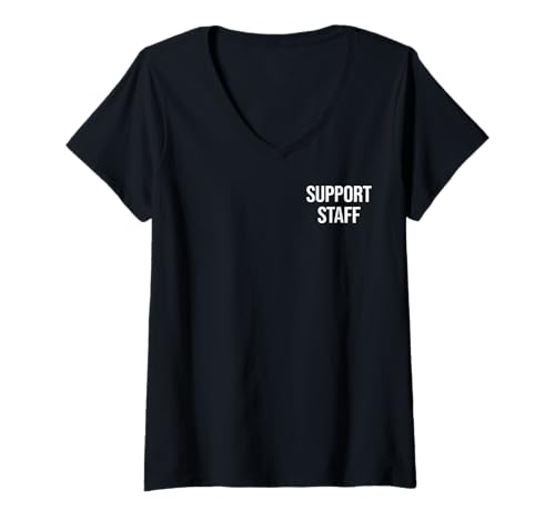 Damen Support-Mitarbeiter: Fettgedruckter weißer Text auf Vorder- und Rückseite T-Shirt mit V-Ausschnitt Damen Support-Mitarbeiter: Fettgedruckter weißer Text auf Vorder- und Rückseite T-Shirt mit V-Ausschnitt von Event Support Crew Apparel