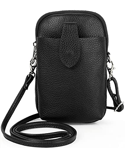 Kleine Damen Leder Umhängetasche, Ital. Handtasche Handy Echtleder, Crossbody Schultertasche für Frauen Mädchen, 0002111070, Tasche Farben:Schwarz von Ever Bloom