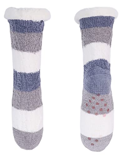 Ever Bloom Damen Stoppersocken für Winter und Weihnachten, Hüttensocke mit Innenfutter ABS Sohle, Warme Kuschelsocken Mädchen, Socken farbe:Blau Grau von Ever Bloom