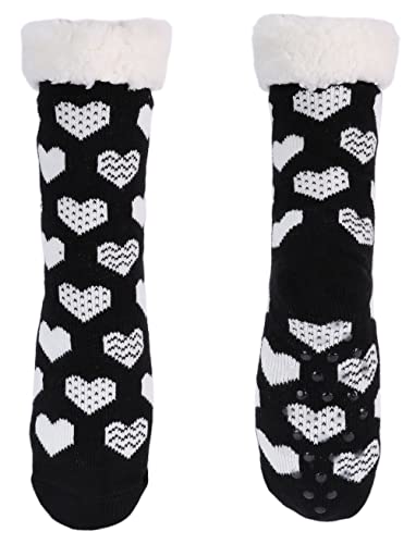 Ever Bloom Damen Stoppersocken für Winter und Weihnachten, Hüttensocke mit Innenfutter ABS Sohle, Warme Kuschelsocken Mädchen, Socken farbe:Schwarz Herz von Ever Bloom