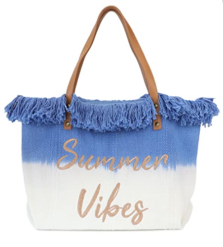 Ever Bloom Große Strandtasche Damen XL Shopper Tasche Sommer mit Leder Top-Griff Schultertasche Strand Bad Urlaub Reißverschluss, weich vegan, Tasche Farben:Blue von Ever Bloom