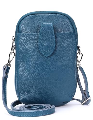 Kleine Damen Leder Umhängetasche, Ital. Handtasche Handy Echtleder, Crossbody Schultertasche für Frauen Mädchen, 0002111070, Tasche Farben:Early Blau von Ever Bloom