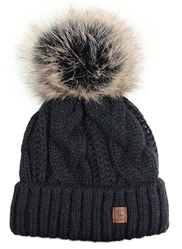 Ever Bloom Strickmütze Damen Zopfmuster, Beanie Mütze mit Kunstfell Bommel Abnehmbar, made in EU, Warme Wintermütze mit Fleece Innenfutter Hochwertig, Mütze Farben:Schwarz von Ever Bloom