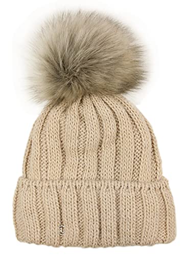 Ever Bloom Strickmütze Damen mit Kunstfell Bommel Abnehmbar, made in EU, Beanie Mütze Bommelmütze, Warme Wintermütze mit Thermo Fleece Innenfutter, Mütze Farben:Beige von Ever Bloom