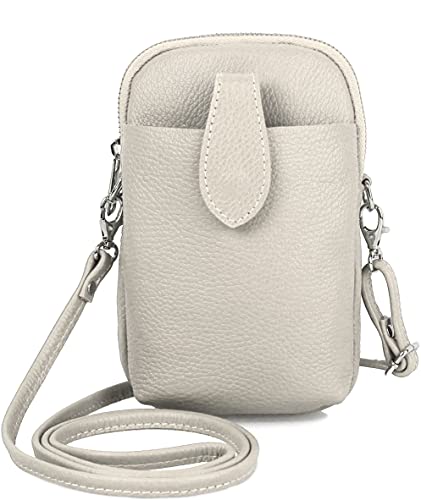 Kleine Damen Leder Umhängetasche, Ital. Handtasche Handy Echtleder, Crossbody Schultertasche für Frauen Mädchen, 0002111070, Tasche Farben:Hell Grau von Ever Bloom