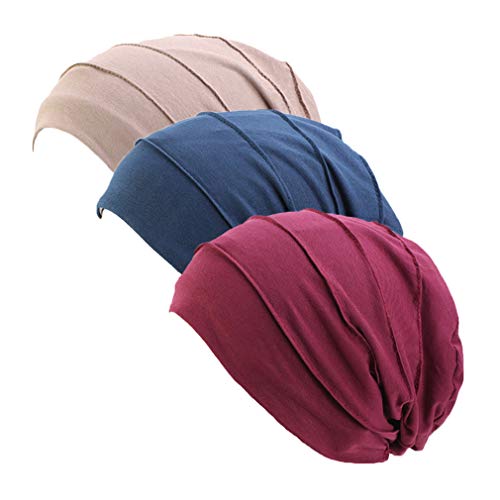 Ever Fairy 3 Stück Chemo Cancer Cotton Kopftuch Mütze Seide gefütterte Mütze Ethnic Cloth Turban Cap für Frauen (red+Navy+Khaki) von Ever Fairy