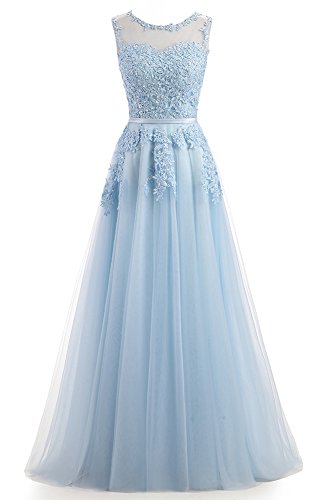 Ever Love A-Linie Lang Spitze T¨¹ll R¨¹ckenfrei Abendkleid Ballkleid Hochzeit Brautjungfernkleid mit Träger-Farbe: Himmelblau, Gr. 34 von Ever Love