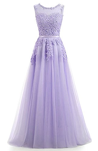 Ever Love A-Linie Lang Spitze T¨¹ll R¨¹ckenfrei Abendkleid Ballkleid Hochzeit Brautjungfernkleid mit Träger-Farbe: Lavendel, Gr. 36 von Ever Love