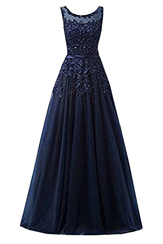 Ever Love A-Linie Lang Spitze T¨¹ll R¨¹ckenfrei Abendkleid Ballkleid Hochzeit Brautjungfernkleid mit Träger-Farbe: Navyblue, Gr. 36 von Ever Love