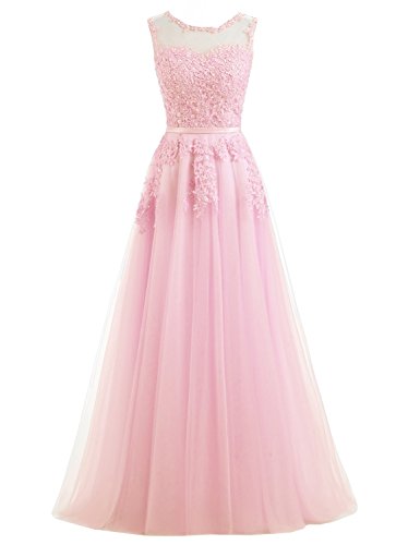 Ever Love A-Linie Lang Spitze T¨¹ll R¨¹ckenfrei Abendkleid Ballkleid Hochzeit Brautjungfernkleid mit Träger-Farbe: Rosa, Gr. 38 von Ever Love