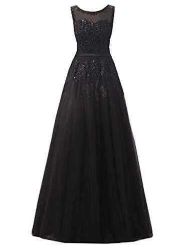 Ever Love A-Linie Lang Spitze T¨¹ll R¨¹ckenfrei Abendkleid Ballkleid Hochzeit Brautjungfernkleid mit Träger-Farbe: Schwarz, Gr. 32 von Ever Love