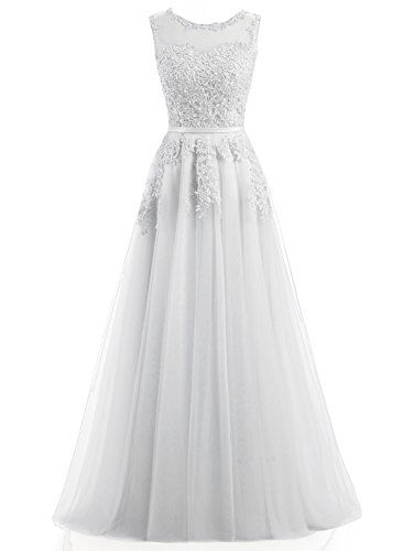 Ever Love A-Linie Lang Spitze T¨¹ll R¨¹ckenfrei Abendkleid Ballkleid Hochzeit Brautjungfernkleid mit Träger-Farbe: Weiß, Gr. 36 von Ever Love