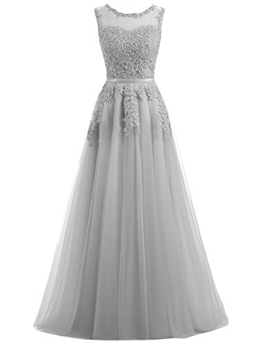 Ever Love A-Linie Lang Spitze T¨¹ll R¨¹ckenfrei Abendkleid Ballkleid Hochzeit Brautjungfernkleid mit Träger-Farbe: Grau, Gr. 36 von Ever Love