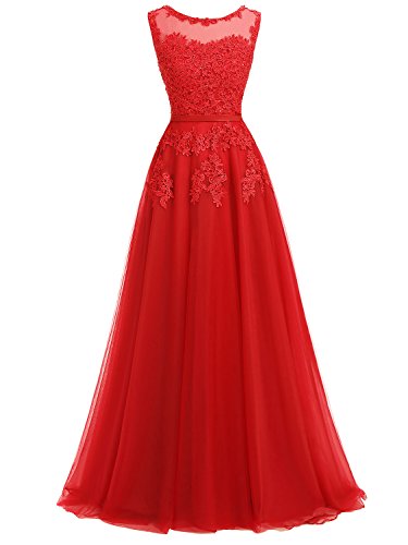 Ever Love A-Linie Lang Spitze T¨¹ll R¨¹ckenfrei Abendkleid Ballkleid Hochzeit Brautjungfernkleid mit Träger-Farbe: Rot, Gr. 50 von Ever Love