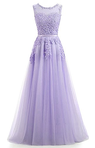 Ever Love unisex A-Linie Lang Spitze T¨¹ll R¨¹ckenfrei Abendkleid Ballkleid Hochzeit Brautjungfernkleid mit Träger-Farbe: Lavendel, Gr. 32 von Ever Love