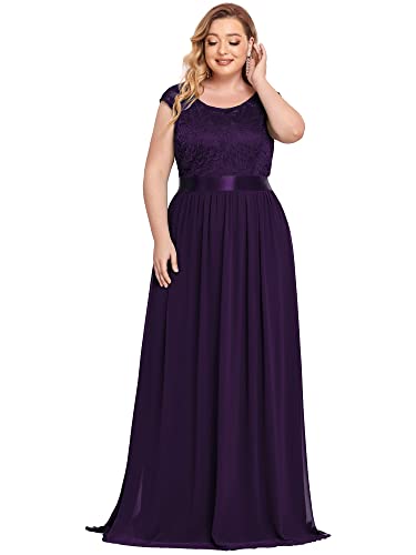 Ever Pretty Damen Elegant Rundhalsausschnitt Kurze Ärmel A-Linie Bodenlang Chiffon Große Größe Abendkleider Dunkelviolett 54 von Ever-Pretty Plus