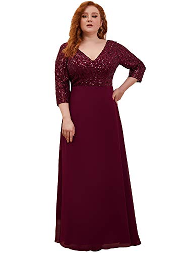 Ever Pretty Damen V-Ausschnitt Elegant A-Linie Pailletten Lange Ärmel Chiffon große Größe Abendkleid Burgund 58 von Ever-Pretty Plus