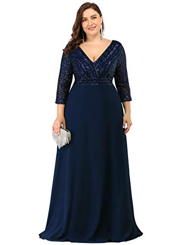 Ever Pretty Damen V-Ausschnitt Elegant A-Linie Pailletten Lange Ärmel Chiffon große Größe Abendkleid Navy Blau 48 von Ever-Pretty Plus