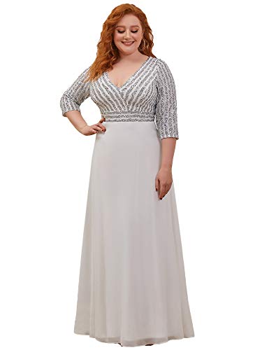 Ever Pretty Damen V-Ausschnitt Elegant A-Linie Pailletten Lange Ärmel Chiffon große Größe Partykleider Weiß 46 von Ever-Pretty Plus