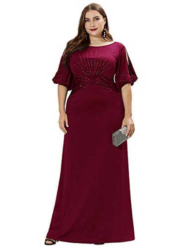 Ever Pretty Mode Kurzarm BodenLange Große Größen Bodycon Elegante Lange Große Größe Ballkleider Abendkleider mit Strass Burgund 50EU von Ever-Pretty Plus