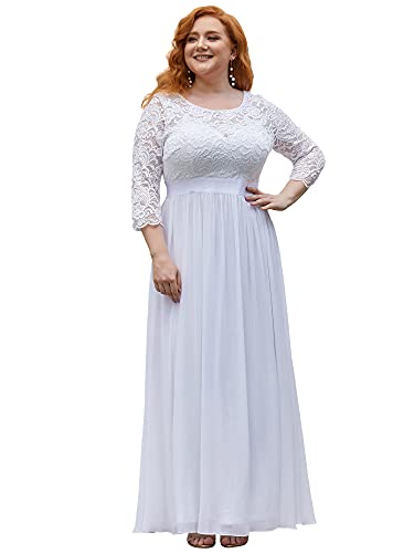 Ever-Pretty Plus Damen 3/4 Ärmel Spitze Rundkragen A-Linie Elegant Empire Bodenlang Chiffon Große Größe Abendkleider Weiß 54 von Ever-Pretty Plus