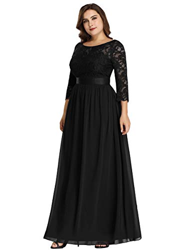 Ever-Pretty Plus Damen 3/4 Ärmel Spitze Rundkragen A-Linie Elegant Empire Bodenlang Chiffon Große Größe Abschlusskleider Schwarz 44 von Ever-Pretty Plus
