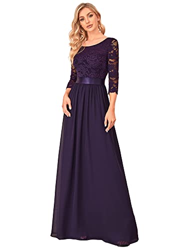 Ever-Pretty Plus Damen 3/4 Ärmel Spitze Rundkragen A-Linie Elegant Empire Bodenlang Chiffon Große Größe Ballkleider Dunkelviolett 40 von Ever-Pretty