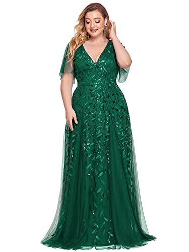 Ever-Pretty Plus Damen A-Linie Abendkleider V-Ausschnitt Romantisches Kurze Ärmel Elegant Hochzeitskleider Lang Große Größe Dunkelgrün 54 von Ever-Pretty Plus