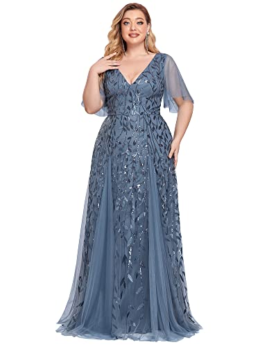 Ever-Pretty Plus Damen A-Linie Abendkleider V-Ausschnitt Romantisches Kurze Ärmel Elegant Hochzeitskleider Lang Große Größe Staubige Marine 58 von Ever-Pretty Plus