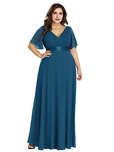 Ever-Pretty Plus Damen Abendkleid Chiffon A-Linie Lange Große Größe Abschlusskleid V Ausschnitt Kurze Ärmel Hohe Taille Blaugrün 48 von Ever-Pretty Plus