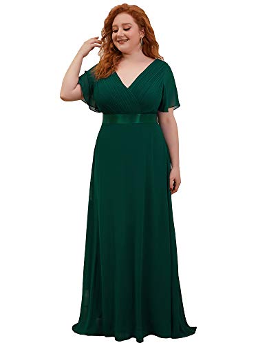 Ever-Pretty Plus Damen Abendkleid Chiffon A-Linie Lange Große Größe Abschlusskleid V Ausschnitt Kurze Ärmel Hohe Taille Dunkelgrün 56 von Ever-Pretty Plus