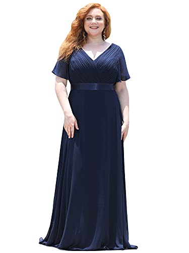 Ever-Pretty Plus Damen Abendkleid Chiffon A-Linie Lange Große Größe Abschlusskleid V Ausschnitt Kurze Ärmel Hohe Taille Navy blau 40 von Ever-Pretty Plus