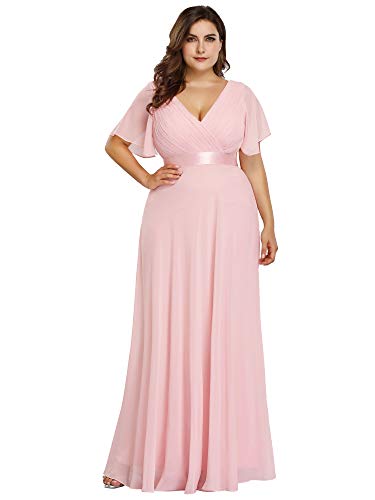Ever-Pretty Plus Damen Abendkleid Chiffon A-Linie Lange Große Größe Abschlusskleid V Ausschnitt Kurze Ärmel Hohe Taille Rosa 42 von Ever-Pretty Plus