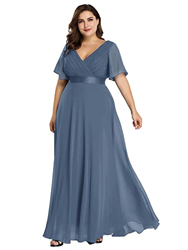 Ever-Pretty Plus Damen Abendkleid Chiffon A-Linie Lange Große Größe Ballkleid V Ausschnitt Kurze Ärmel Hohe Taille Staubige Marine 52 von Ever-Pretty Plus