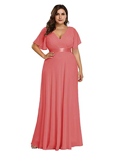 Ever-Pretty Plus Damen Abendkleid Chiffon A-Linie Lange Große Größe Partykleid V Ausschnitt Kurze Ärmel Hohe Taille Koralle 46 von Ever-Pretty