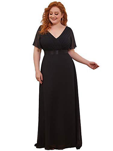 Ever-Pretty Plus Damen Abendkleid Chiffon A-Linie Lange Große Größe Partykleid V Ausschnitt Kurze Ärmel Hohe Taille Schwarz 38 von Ever-Pretty