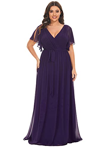 Ever-Pretty Plus Damen Bodenlang Abendkleid Große Größe Gürtel A-Linie Empire Kurze Ärmel V-Ausschnitt Chiffon Dunkelviolett 46EU von Ever-Pretty Plus