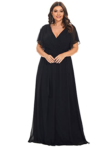Ever-Pretty Plus Damen Bodenlang Abendkleid Große Größe Gürtel A-Linie Empire Kurze Ärmel V-Ausschnitt Chiffon Schwarz 46EU von Ever-Pretty Plus