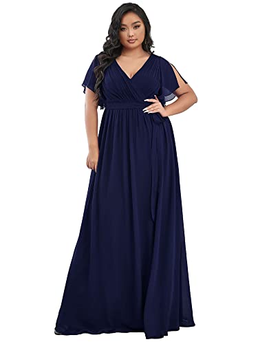 Ever-Pretty Plus Damen Brautjungfernkleider Große Größe Gürtel A-Linie Empire Kurze Ärmel Cocktailkleider V-Ausschnitt Chiffon Elegant Navy Blau 56EU von Ever-Pretty Plus