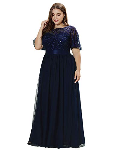 Ever-Pretty Plus Damen Elegant Empire A-Linie Bodenlang Kurze Ärmel Tüll große Größe Abendkleider Navy Blau 56 von Ever-Pretty