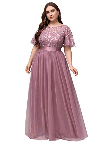 Ever-Pretty Plus Damen Elegant Empire A-Linie Bodenlang Kurze Ärmel Tüll große Größe Abendkleider Orchidee 44 von Ever-Pretty