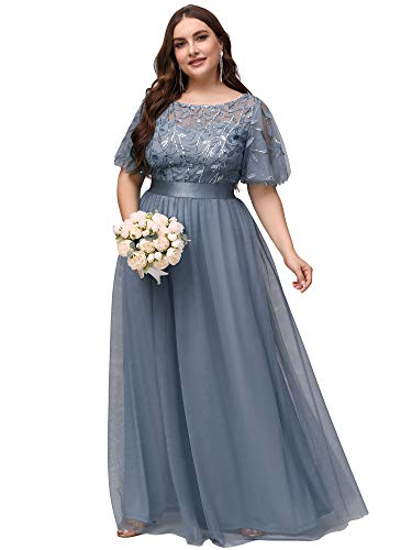 Ever-Pretty Plus Damen Elegant Empire A-Linie Bodenlang Kurze Ärmel Tüll große Größe Abendkleider Staubige Marine 50 von Ever-Pretty
