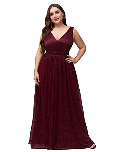 Ever-Pretty Plus Damen Elegant V-Ausschnitt Ärmellose Glitter mit hoher Taille Übergröße Lange Partykleider Burgund 52EU von Ever-Pretty Plus