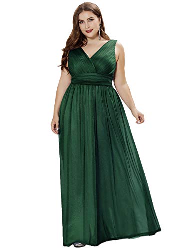 Ever-Pretty Plus Damen Glitzer V-Ausschnitt Ärmellose Glitter mit hoher Taille Übergröße Bodenlang Brautjungfernkleider Dunkelgrün 44EU von Ever-Pretty Plus