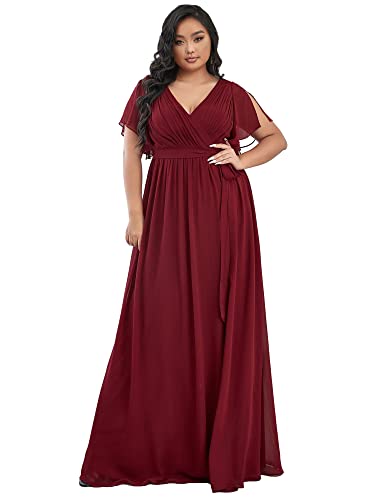 Ever-Pretty Plus Damen Mutter Der Braut Abendkleider Große Größe Gürtel A-Linie Empire Kurze Ärmel Cocktailkleider V-Ausschnitt Chiffon Elegant Burgund 58EU von Ever-Pretty Plus