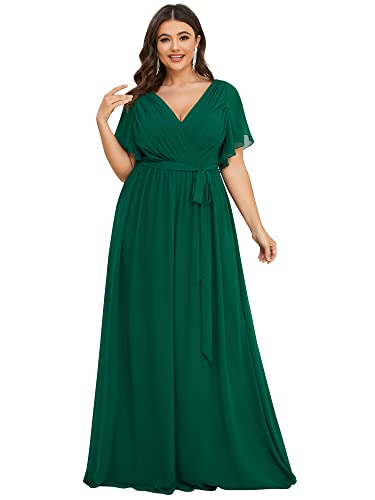 Ever-Pretty Plus Damen Partykleider Große Größe Gürtel A-Linie Empire Kurze Ärmel Cocktailkleider V-Ausschnitt Chiffon Elegant Dunkelgrün 50EU von Ever-Pretty Plus